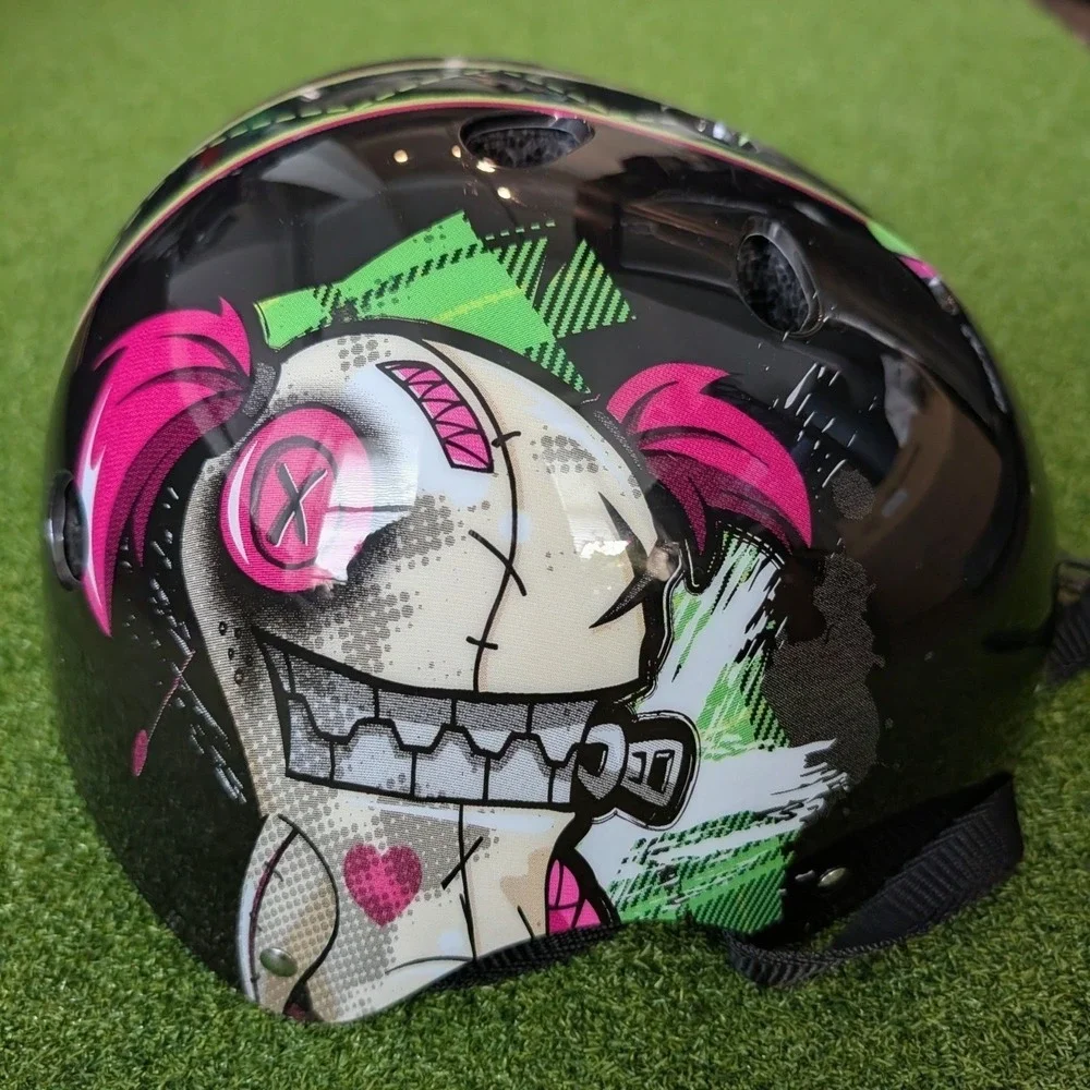 Punisher Jinx Skateboard/Skate Helmet Black with Pink & Green Graphic Design